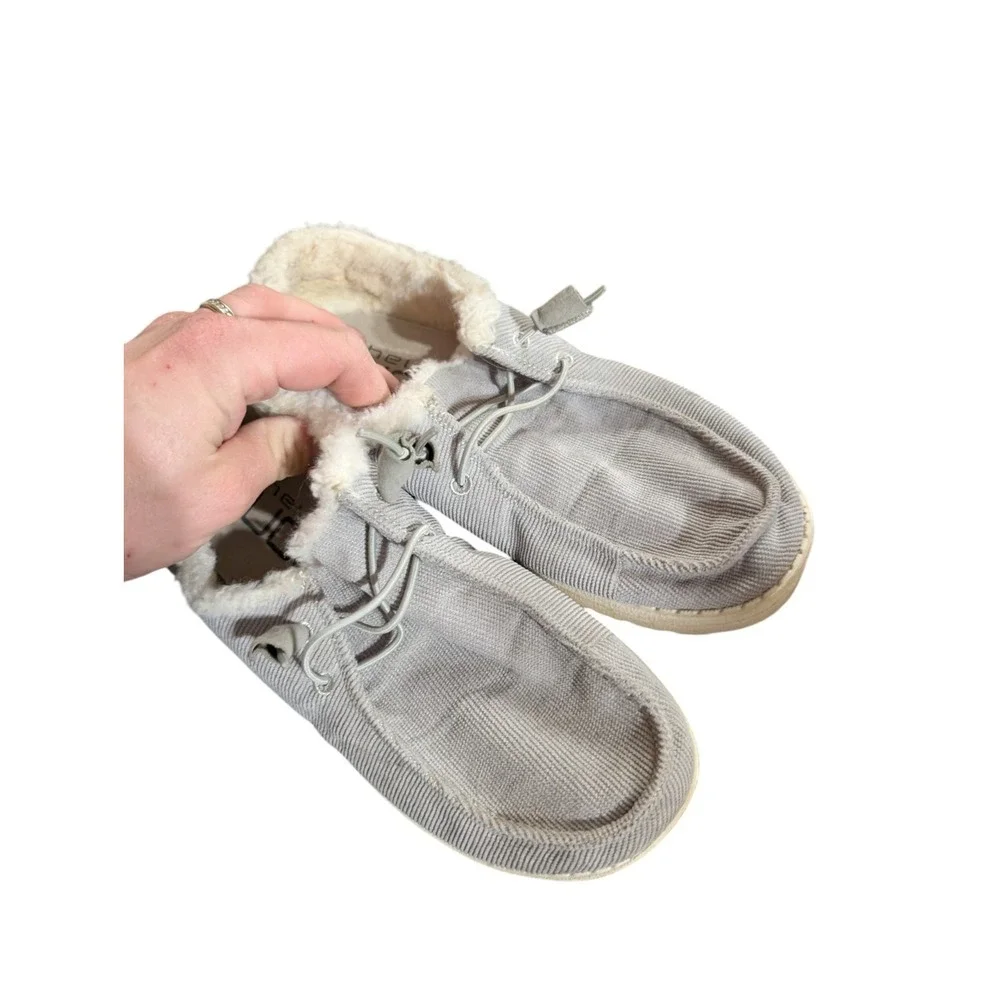 Hey Dude Wendy Corduroy Grey Gray Faux Fur Casual Walking Shoes Women's Size 7